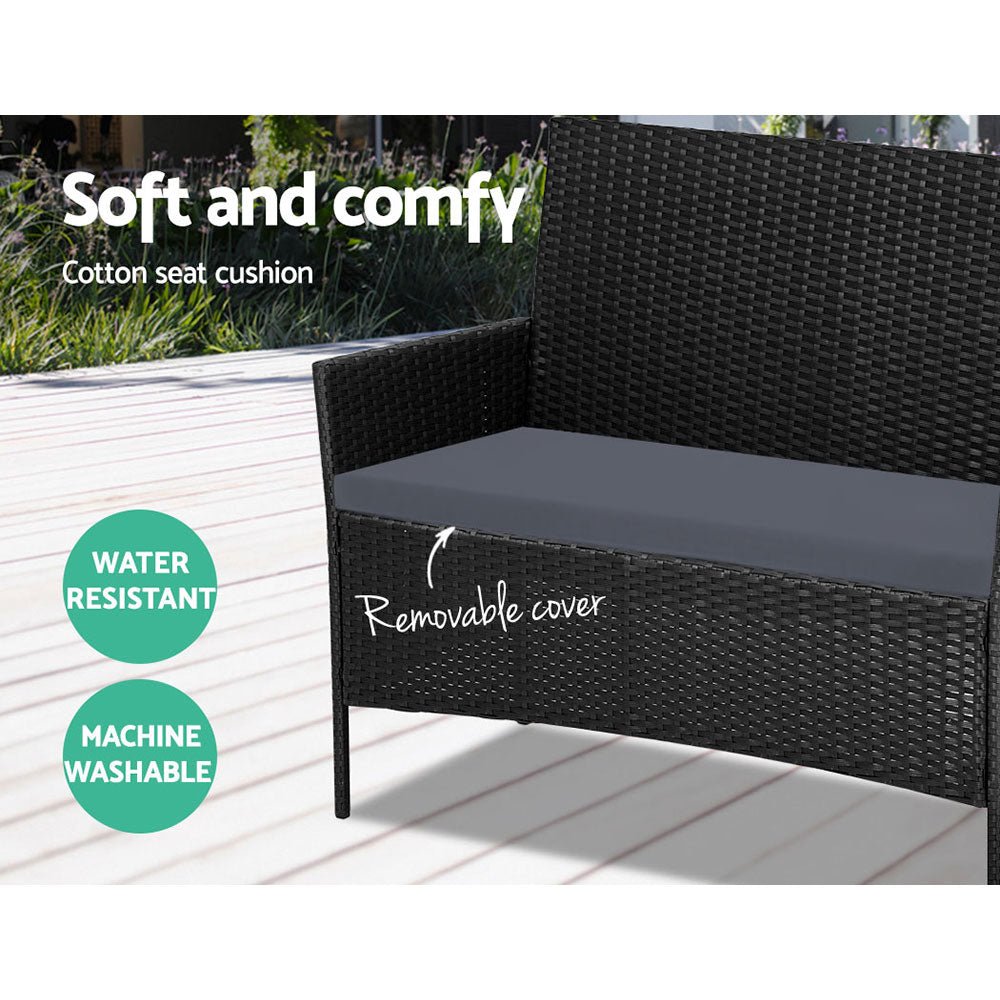 Gardeon 4 Seater Outdoor Sofa Set Wicker Setting Table Chair Furniture Black - Outdoorium