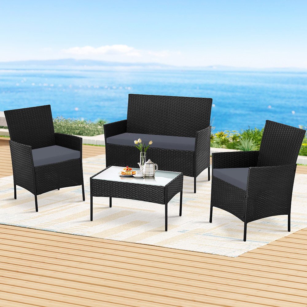 Gardeon 4 Seater Outdoor Sofa Set Wicker Setting Table Chair Furniture Black - Outdoorium