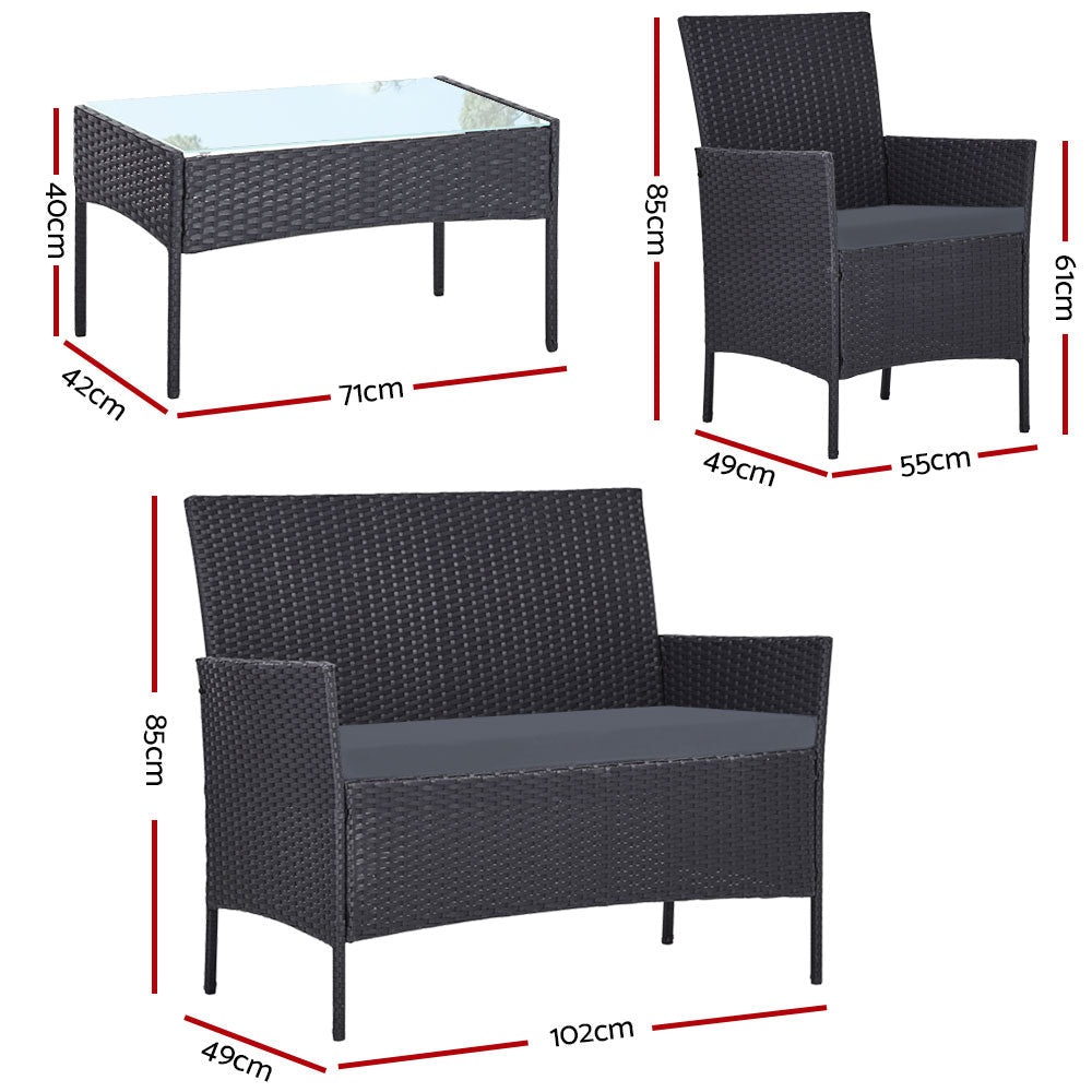 Gardeon 4 Seater Outdoor Sofa Set Wicker Setting Table Chair Furniture Dark Grey - Outdoorium