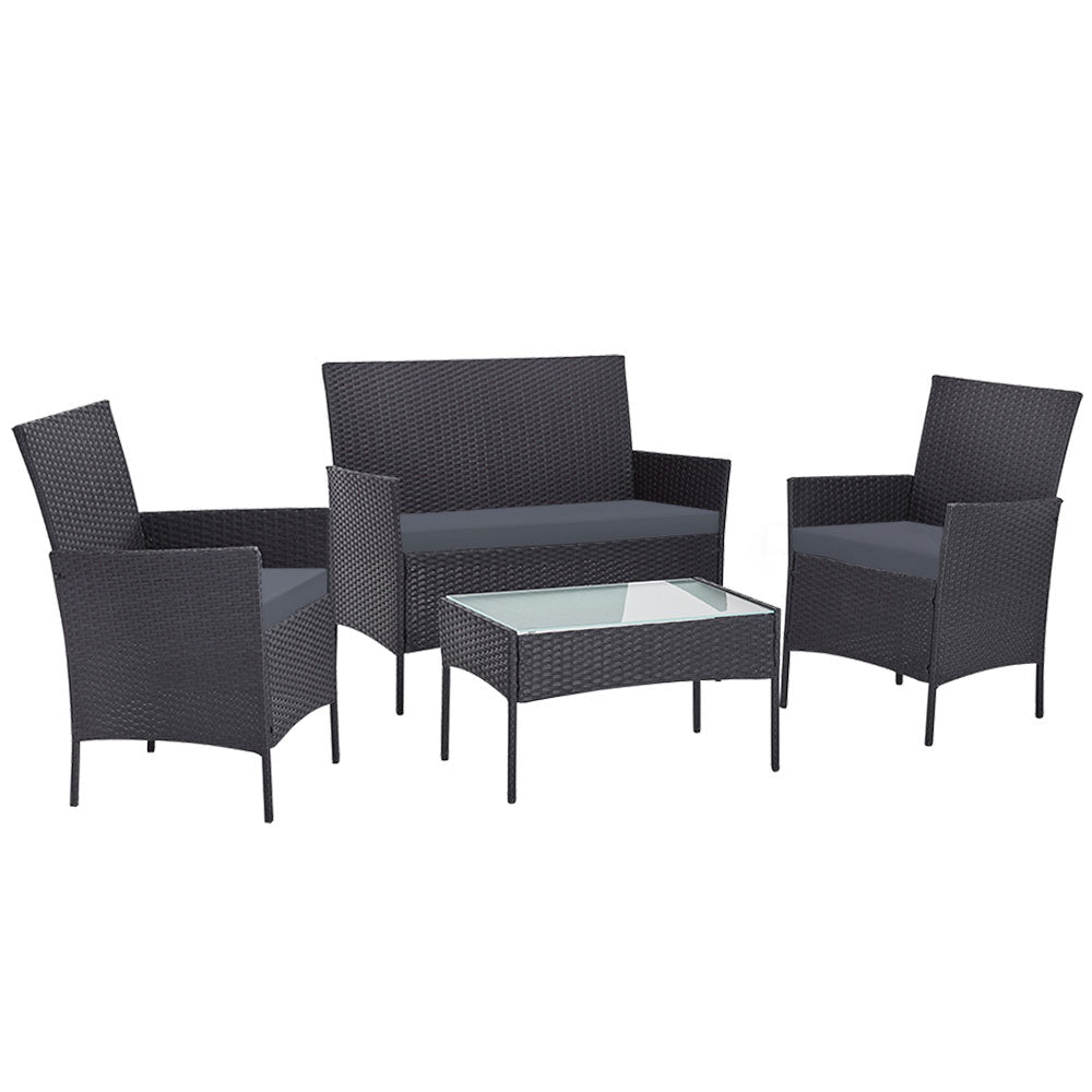 Gardeon 4 Seater Outdoor Sofa Set Wicker Setting Table Chair Furniture Dark Grey - Outdoorium