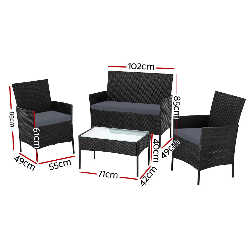 Gardeon 4 Seater Outdoor Sofa Set with Storage Cover Wicker Table Chair Black - Outdoorium