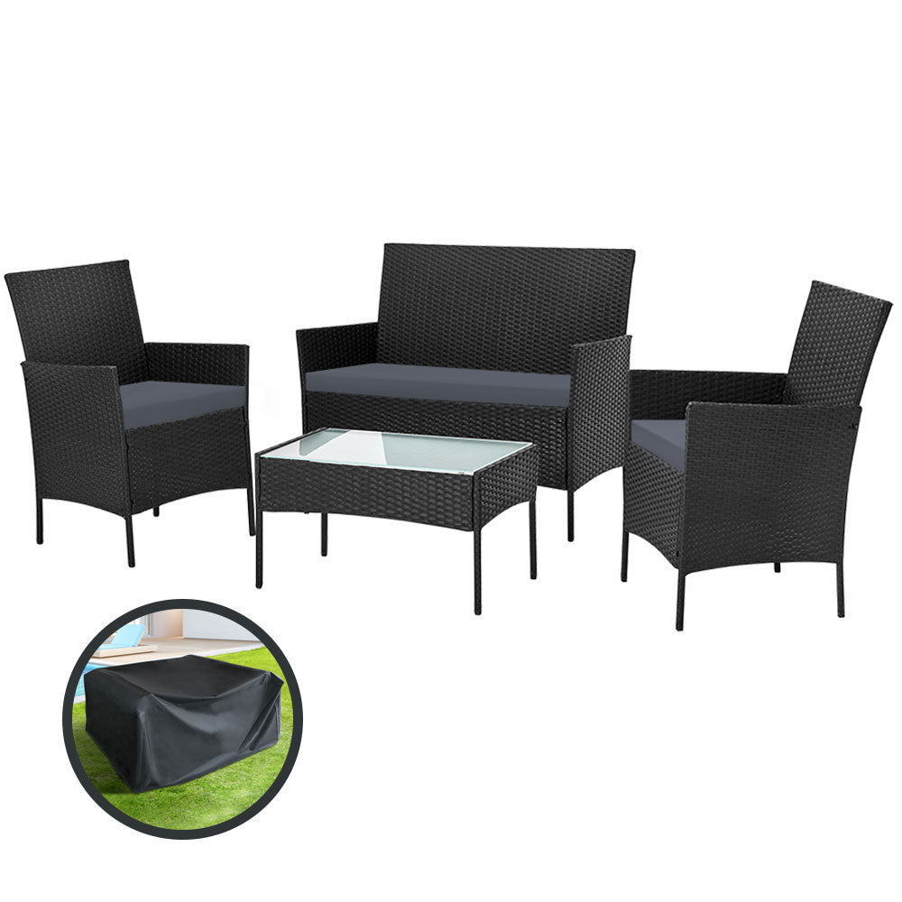 Gardeon 4 Seater Outdoor Sofa Set with Storage Cover Wicker Table Chair Black - Outdoorium