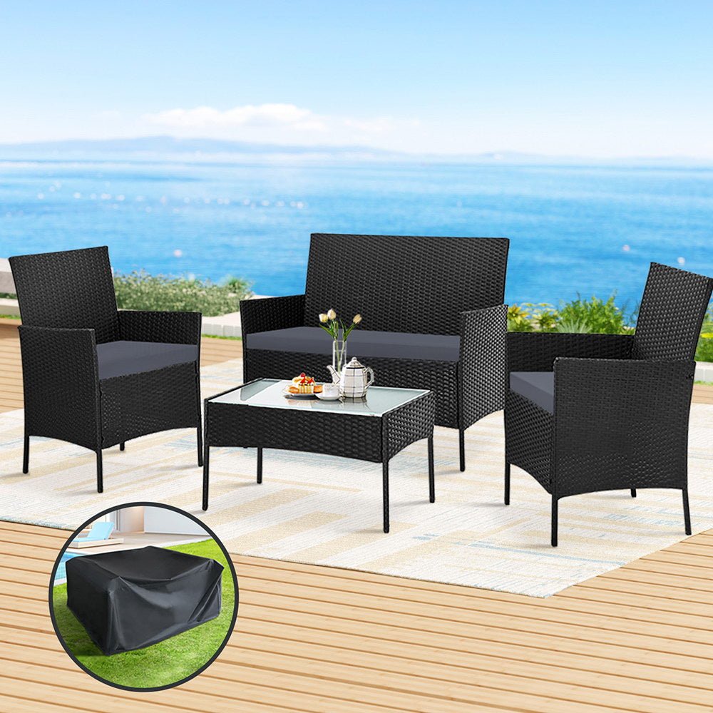 Gardeon 4 Seater Outdoor Sofa Set with Storage Cover Wicker Table Chair Black - Outdoorium