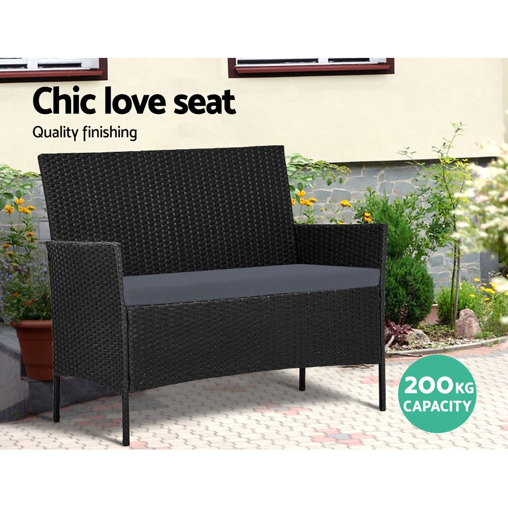 Gardeon 4 Seater Outdoor Sofa Set with Storage Cover Wicker Table Chair Black - Outdoorium