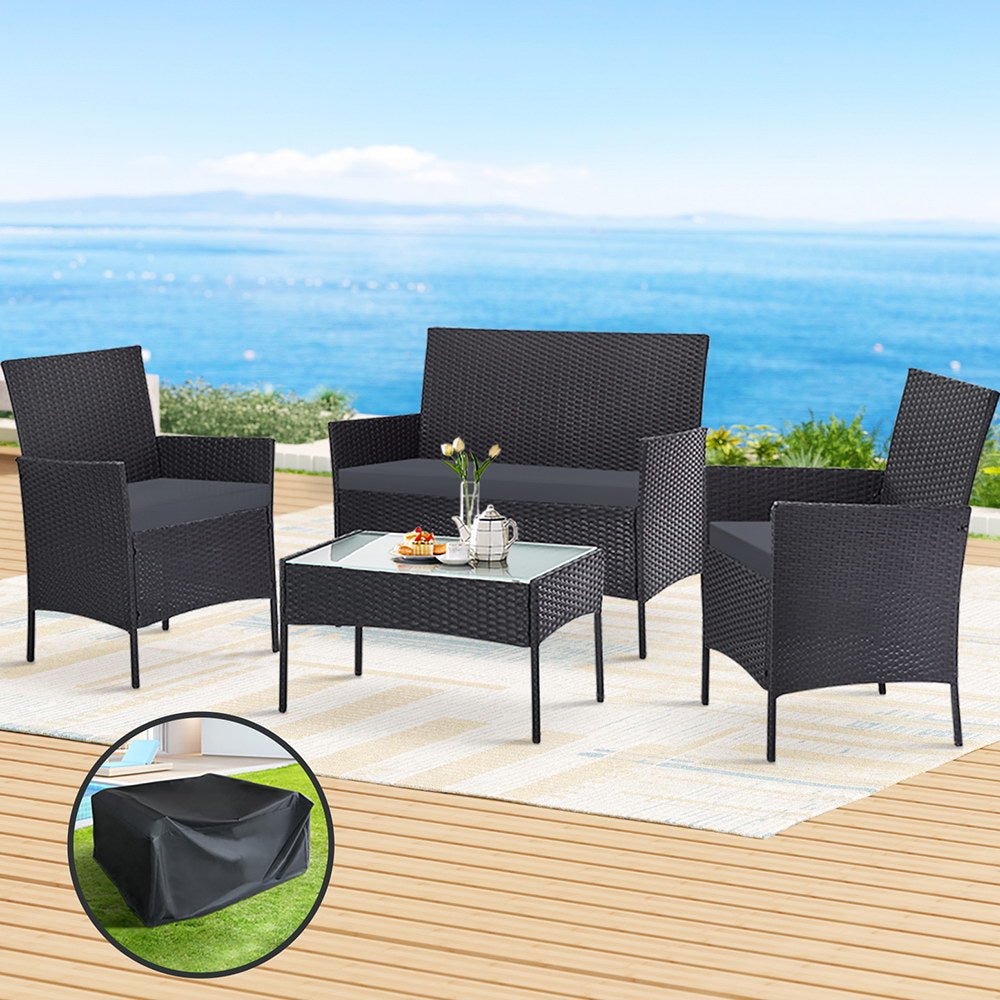 Gardeon 4 Seater Outdoor Sofa Set with Storage Cover Wicker Table Chair DarkGrey - Outdoorium