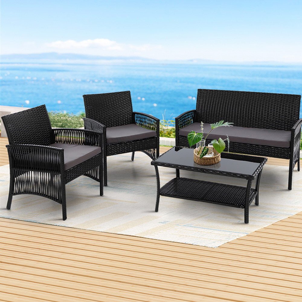 Gardeon 4PCS Outdoor Sofa Set Wicker Harp Chair Table Garden Furniture Black - Outdoorium