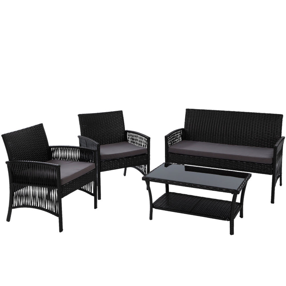 Gardeon 4PCS Outdoor Sofa Set Wicker Harp Chair Table Garden Furniture Black - Outdoorium