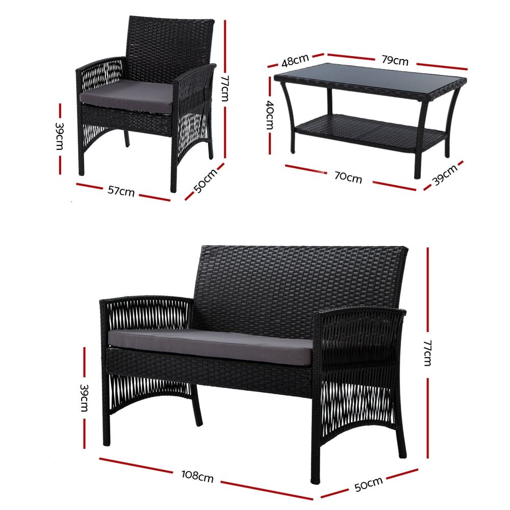 Gardeon 4PCS Outdoor Sofa Set Wicker Harp Chair Table Garden Furniture Black - Outdoorium