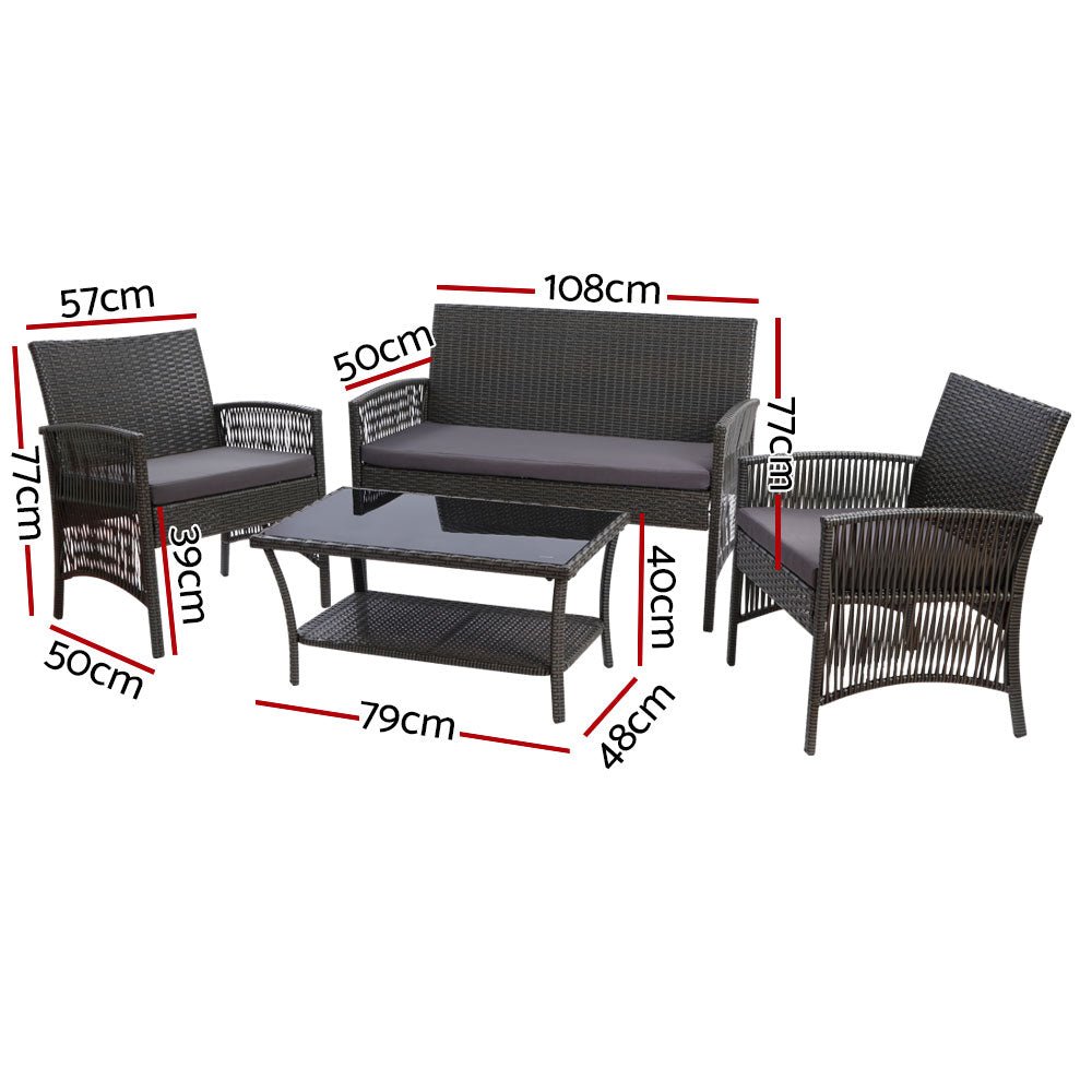 Gardeon 4PCS Outdoor Sofa Set with Storage Cover Wicker Harp Chair Table Grey - Outdoorium