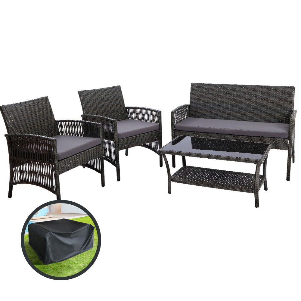 Gardeon 4PCS Outdoor Sofa Set with Storage Cover Wicker Harp Chair Table Grey - Outdoorium