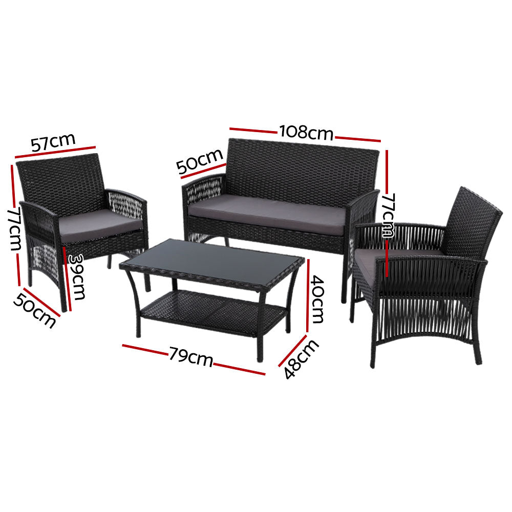 Gardeon 4PCS OutdoorSofa Set with Storage Cover Wicker Harp Chair Table Black - Outdoorium