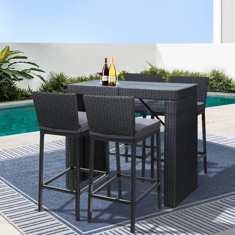 Gardeon 5 - Piece Outdoor Bar Set Dining Table Stools Wicker Patio Setting | Outdoorium