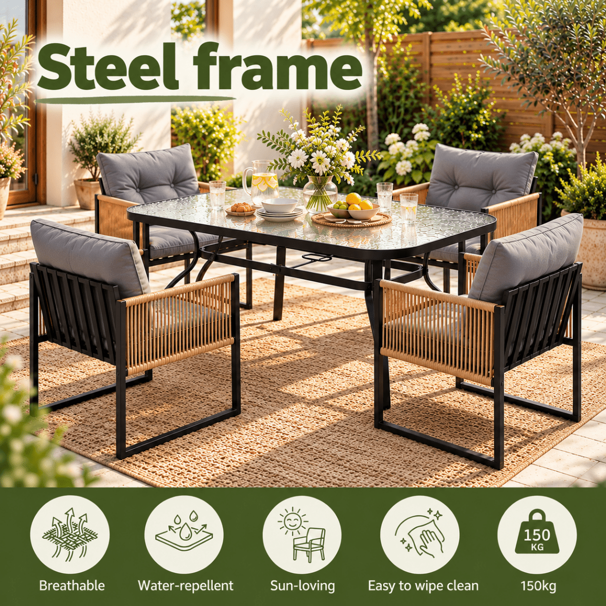 Gardeon 5-Piece Outdoor Dining Set with 120cm Table - Black – product gallery image 5