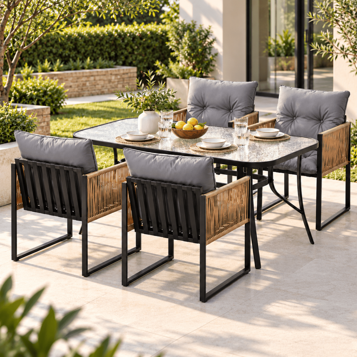 Gardeon black five-piece outdoor dining set with 120cm table and four chairs