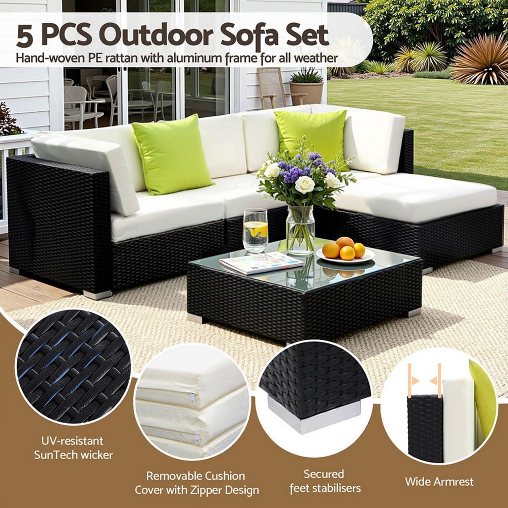 Gardeon 5-Piece Outdoor Sofa Set Wicker Couch Lounge Setting Cover | Furniture > Outdoor