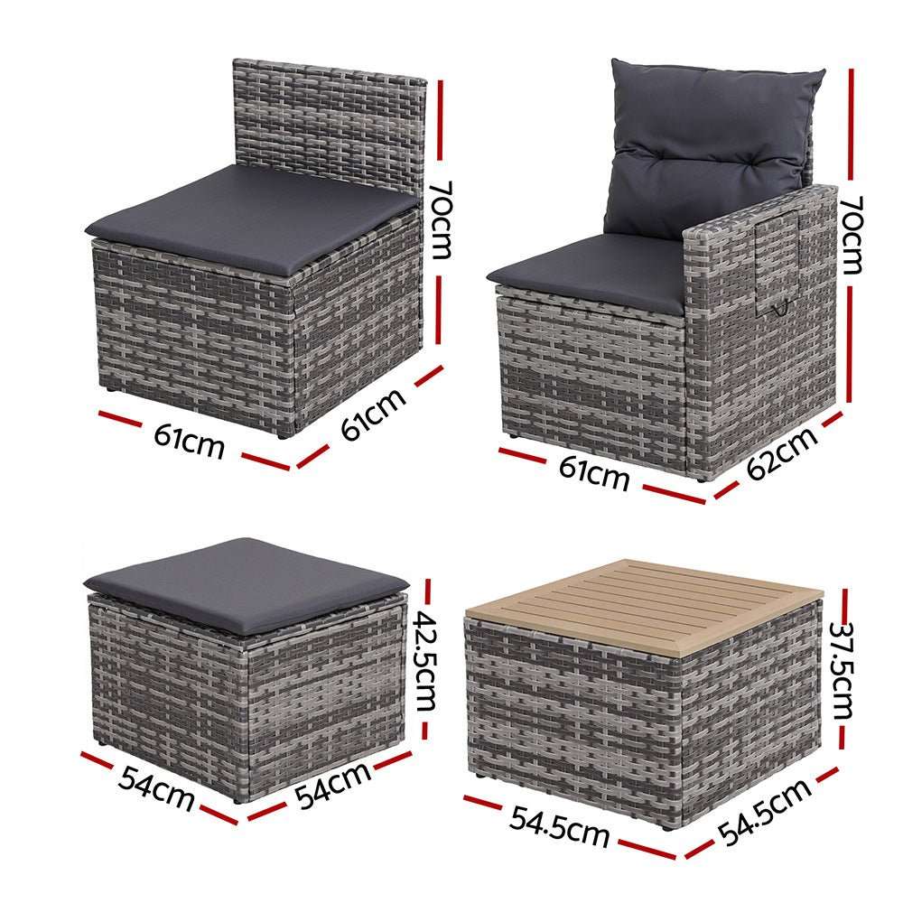 Gardeon 5 Pieces Outdoor Sofa Set 4-Seater Grey Rattan Patio Furniture Table and Chair Setting | Furniture > Outdoor > Outdoor Sofas & Lounge Sets