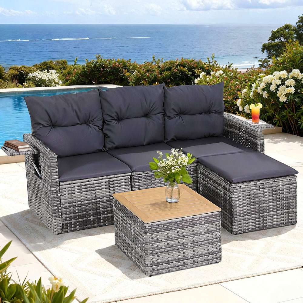 Gardeon 5 Pieces Outdoor Sofa Set 4-Seater Grey Rattan Patio Furniture Table and Chair Setting | Furniture > Outdoor > Outdoor Sofas & Lounge Sets