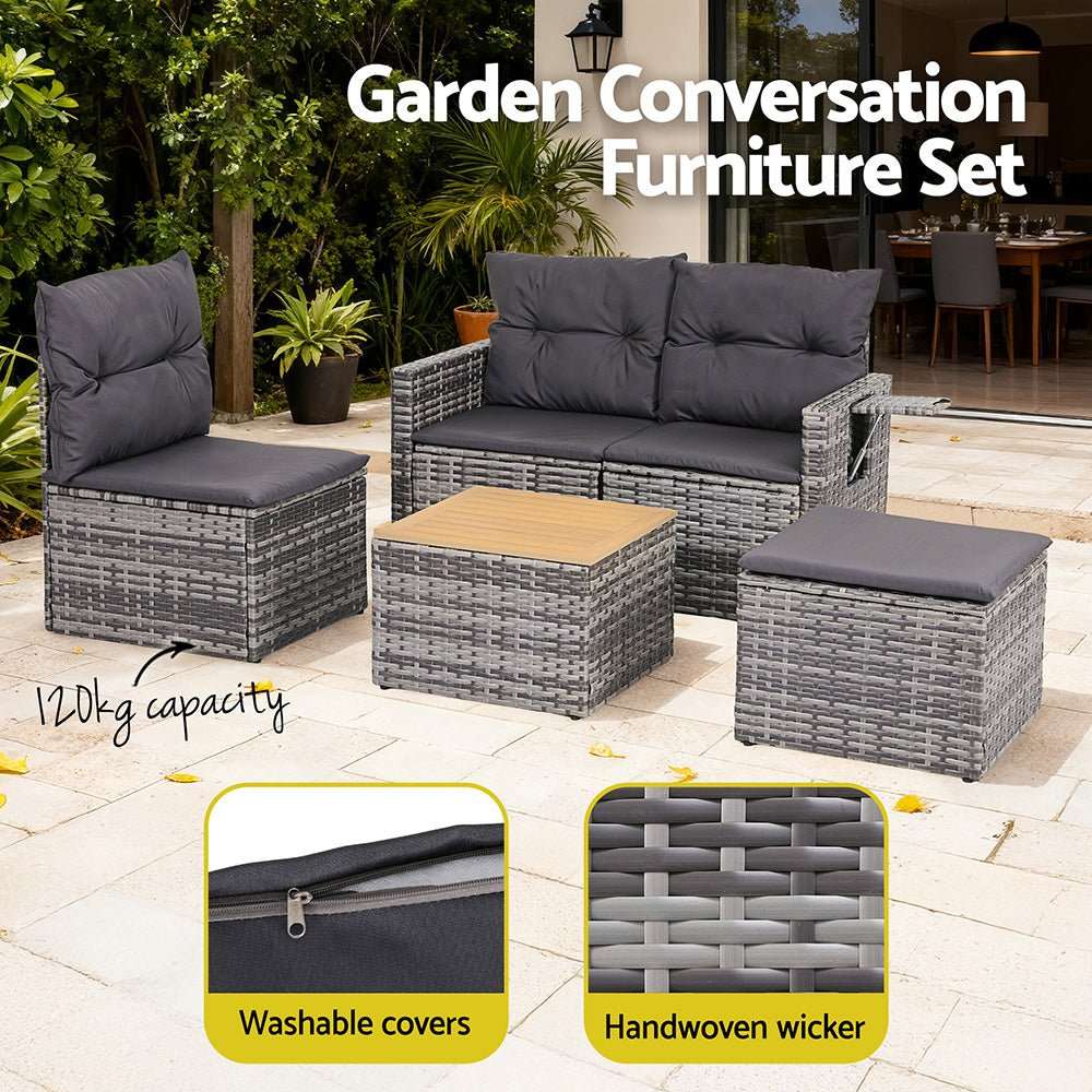 Gardeon 5 Pieces Outdoor Sofa Set 4-Seater Grey Rattan Patio Furniture Table and Chair Setting | Furniture > Outdoor > Outdoor Sofas & Lounge Sets