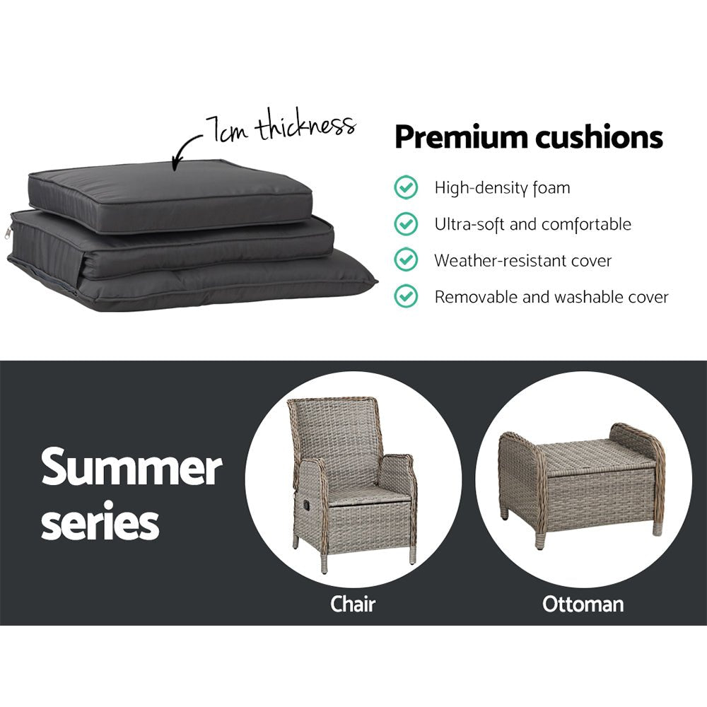Gardeon 5PC Recliner Chairs Table Sun lounge Wicker Outdoor Furniture Adjustable Grey | Furniture > Outdoor > Outdoor Chairs
