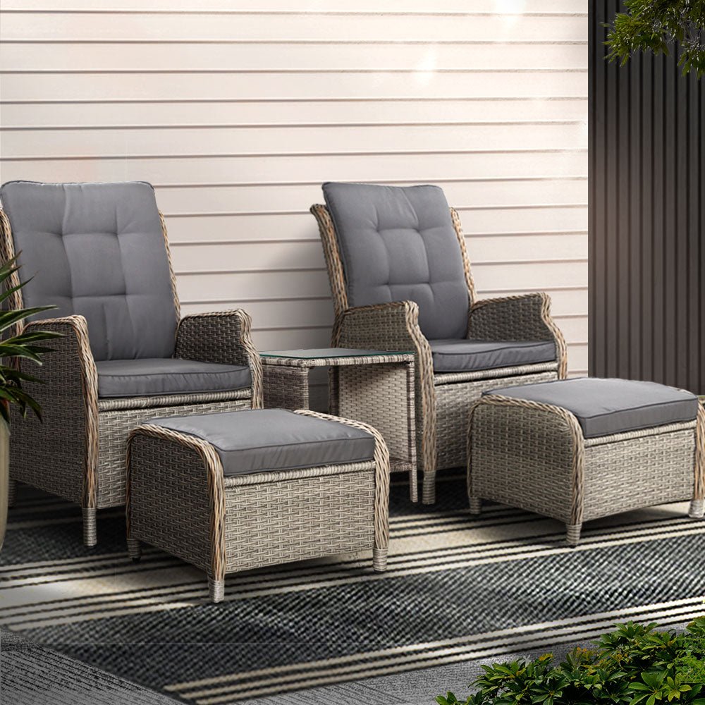Gardeon 5PC Recliner Chairs Table Sun lounge Wicker Outdoor Furniture Adjustable Grey | Furniture > Outdoor > Outdoor Chairs