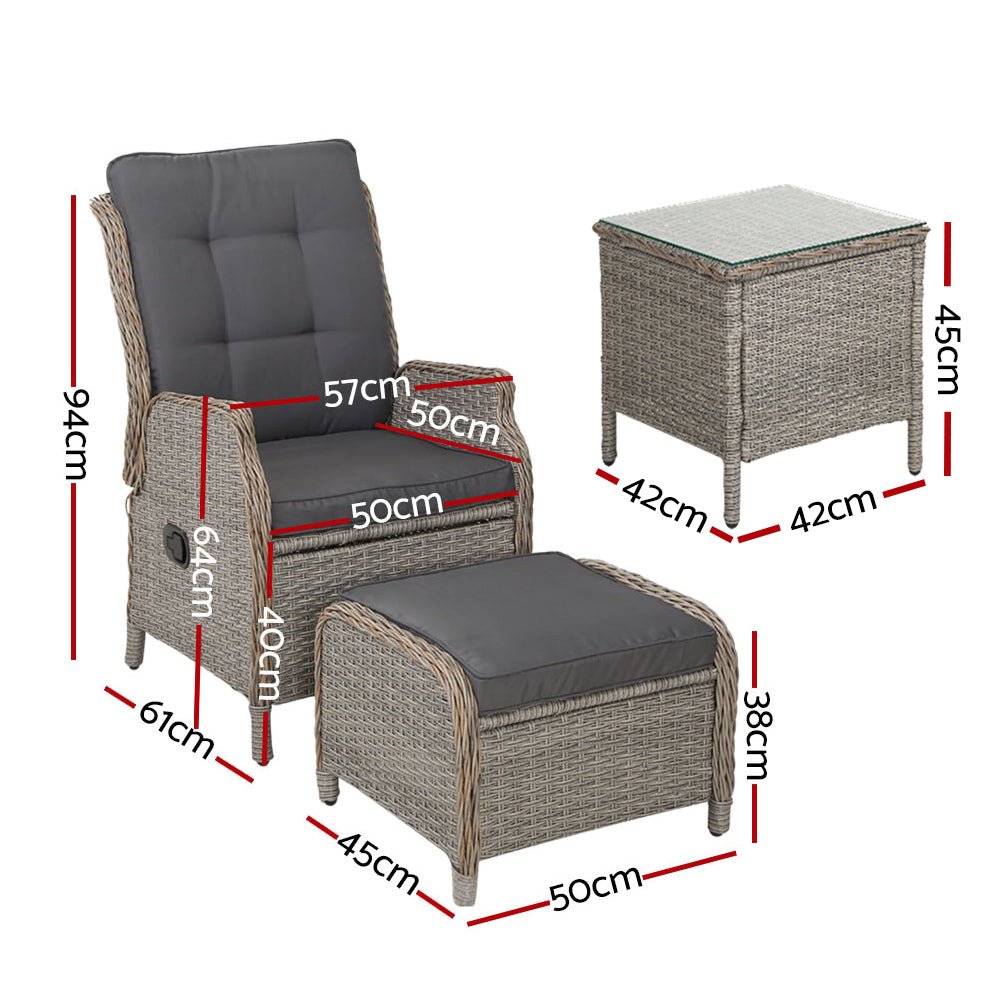 Gardeon 5PC Recliner Chairs Table Sun lounge Wicker Outdoor Furniture Adjustable Grey - Outdoorium