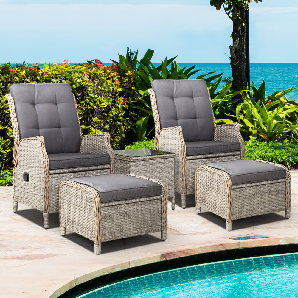 Gardeon 5PC Recliner Chairs Table Sun lounge Wicker Outdoor Furniture Adjustable Grey - Outdoorium