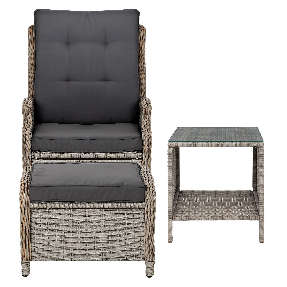 Gardeon 5PC Recliner Chairs Table Sun lounge Wicker Outdoor Furniture Adjustable Grey | Furniture > Outdoor > Outdoor Chairs