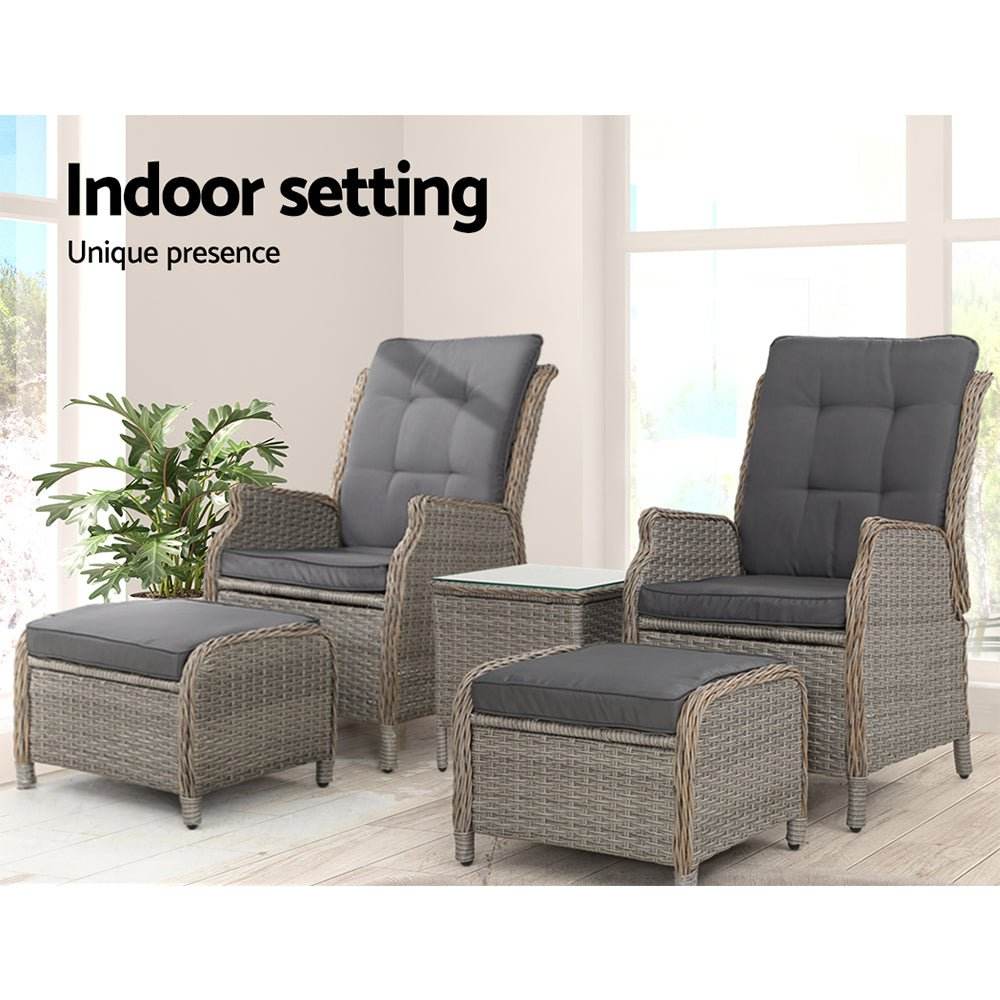 Gardeon 5PC Recliner Chairs Table Sun lounge Wicker Outdoor Furniture Adjustable Grey - Outdoorium