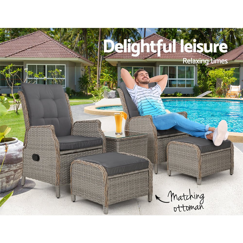 Gardeon 5PC Recliner Chairs Table Sun lounge Wicker Outdoor Furniture Adjustable Grey - Outdoorium