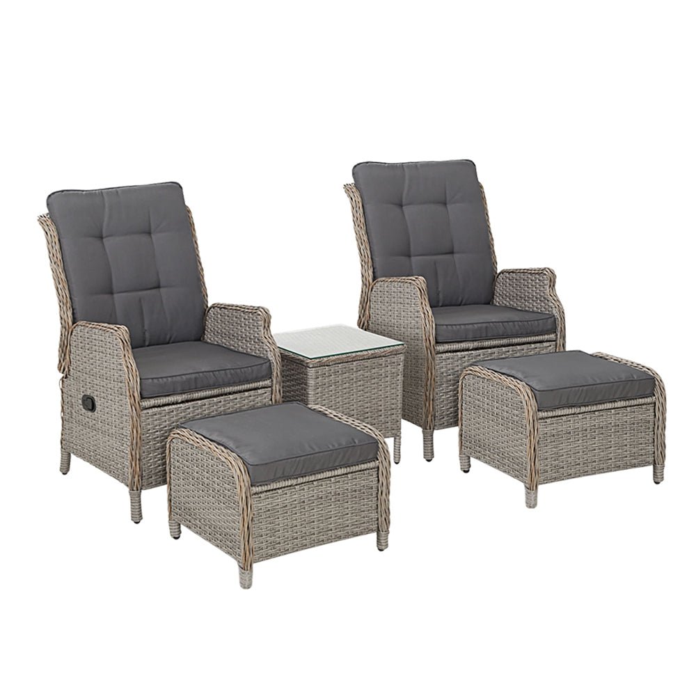 Gardeon 5PC Recliner Chairs Table Sun lounge Wicker Outdoor Furniture Adjustable Grey - Outdoorium