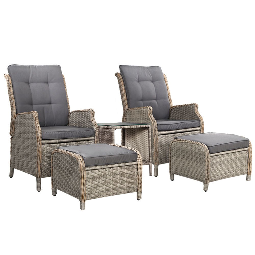 Gardeon 5PC Recliner Chairs Table Sun lounge Wicker Outdoor Furniture Adjustable Grey | Furniture > Outdoor > Outdoor Chairs