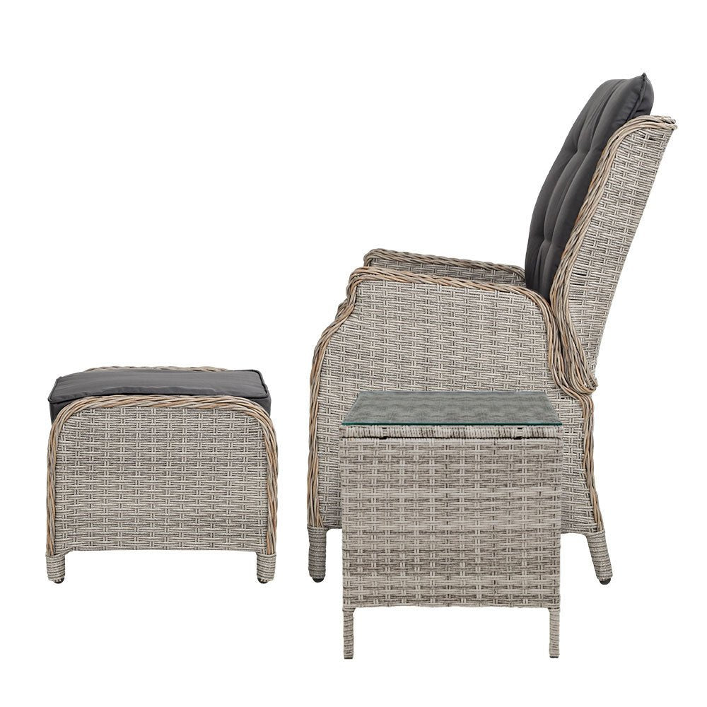 Gardeon 5PC Recliner Chairs Table Sun lounge Wicker Outdoor Furniture Adjustable Grey | Furniture > Outdoor > Outdoor Chairs