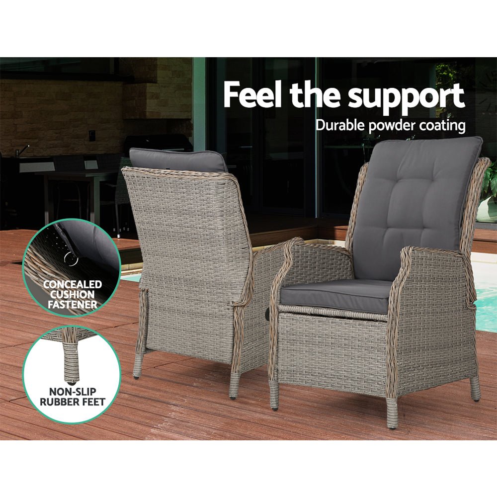 Gardeon 5PC Recliner Chairs Table Sun lounge Wicker Outdoor Furniture Adjustable Grey - Outdoorium