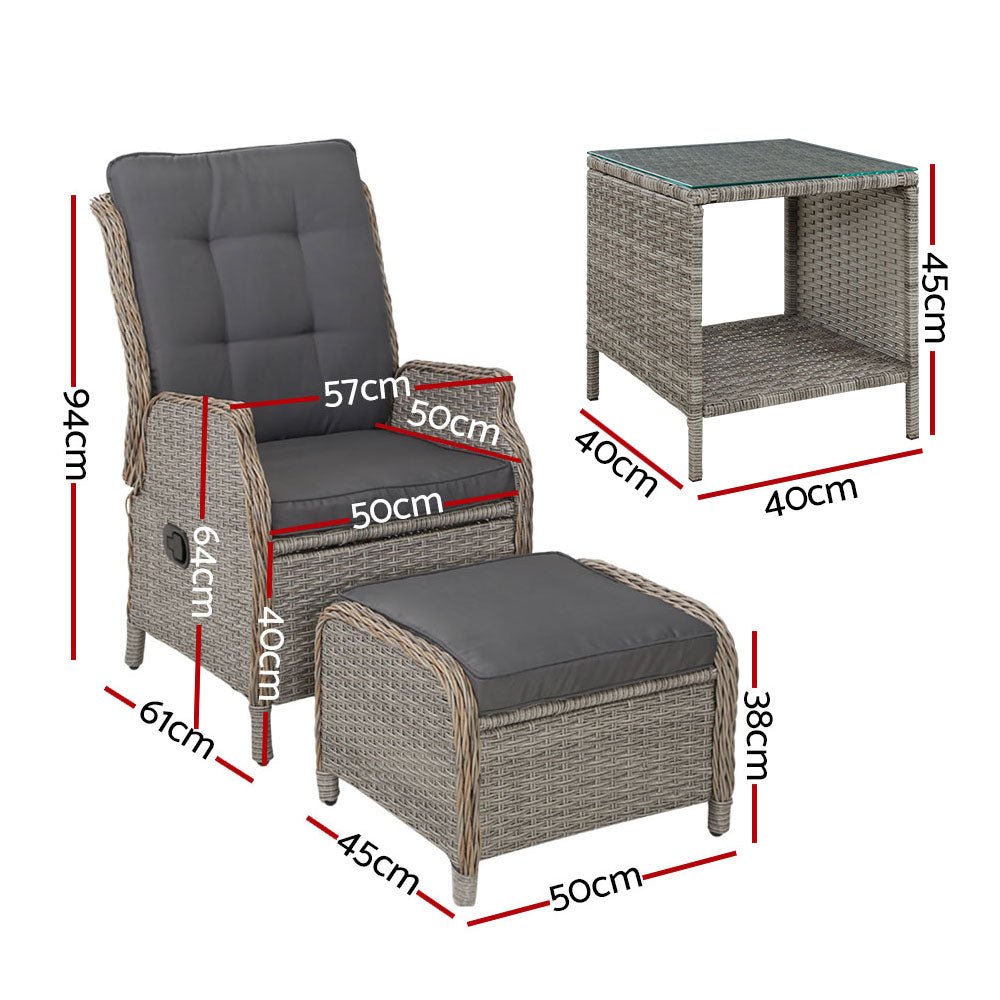 Gardeon 5PC Recliner Chairs Table Sun lounge Wicker Outdoor Furniture Adjustable Grey | Furniture > Outdoor > Outdoor Chairs