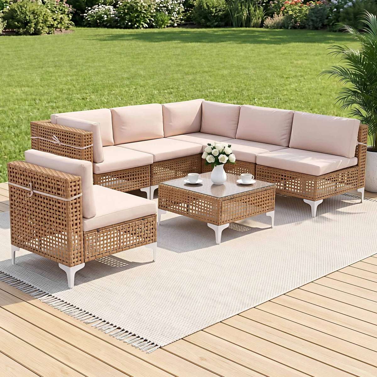 Gardeon 6 Seater Outdoor Sofa Set 7PCS Table Chair Set Garden Rattan Patio Furniture | Furniture > Outdoor > Outdoor Sofas & Lounge Sets
