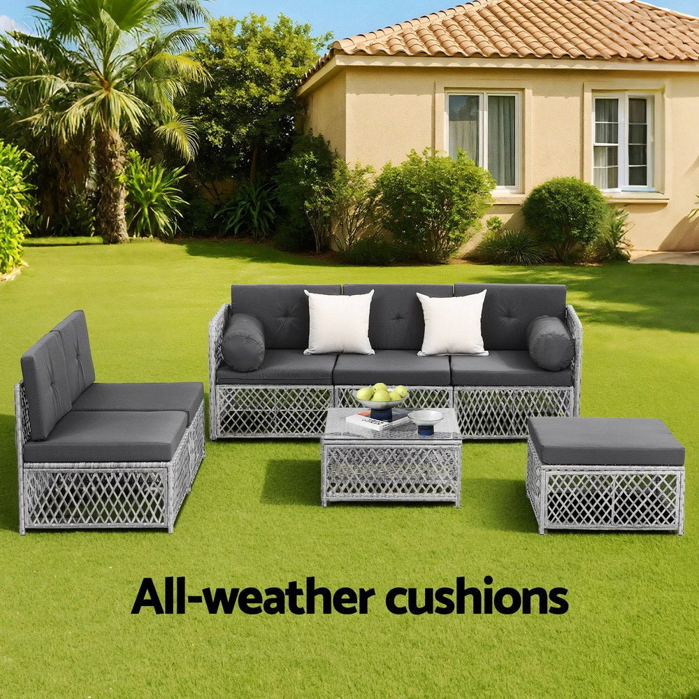 Gardeon 6 Seater Outdoor Sofa Set 7PCS Table Chair Set Garden Rattan Patio Furniture | Outdoorium