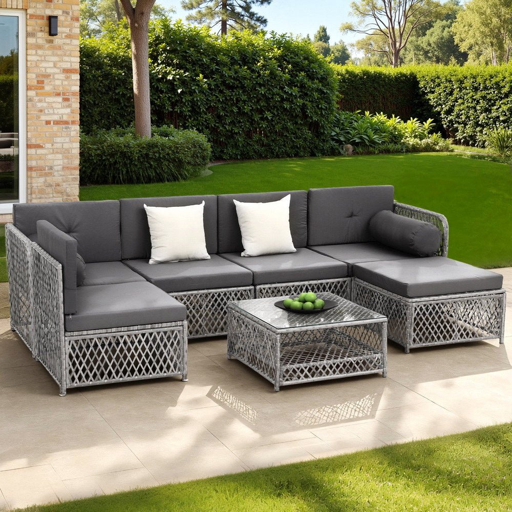Gardeon 6 Seater Outdoor Sofa Set 7PCS Table Chair Set Garden Rattan Patio Furniture | Outdoorium