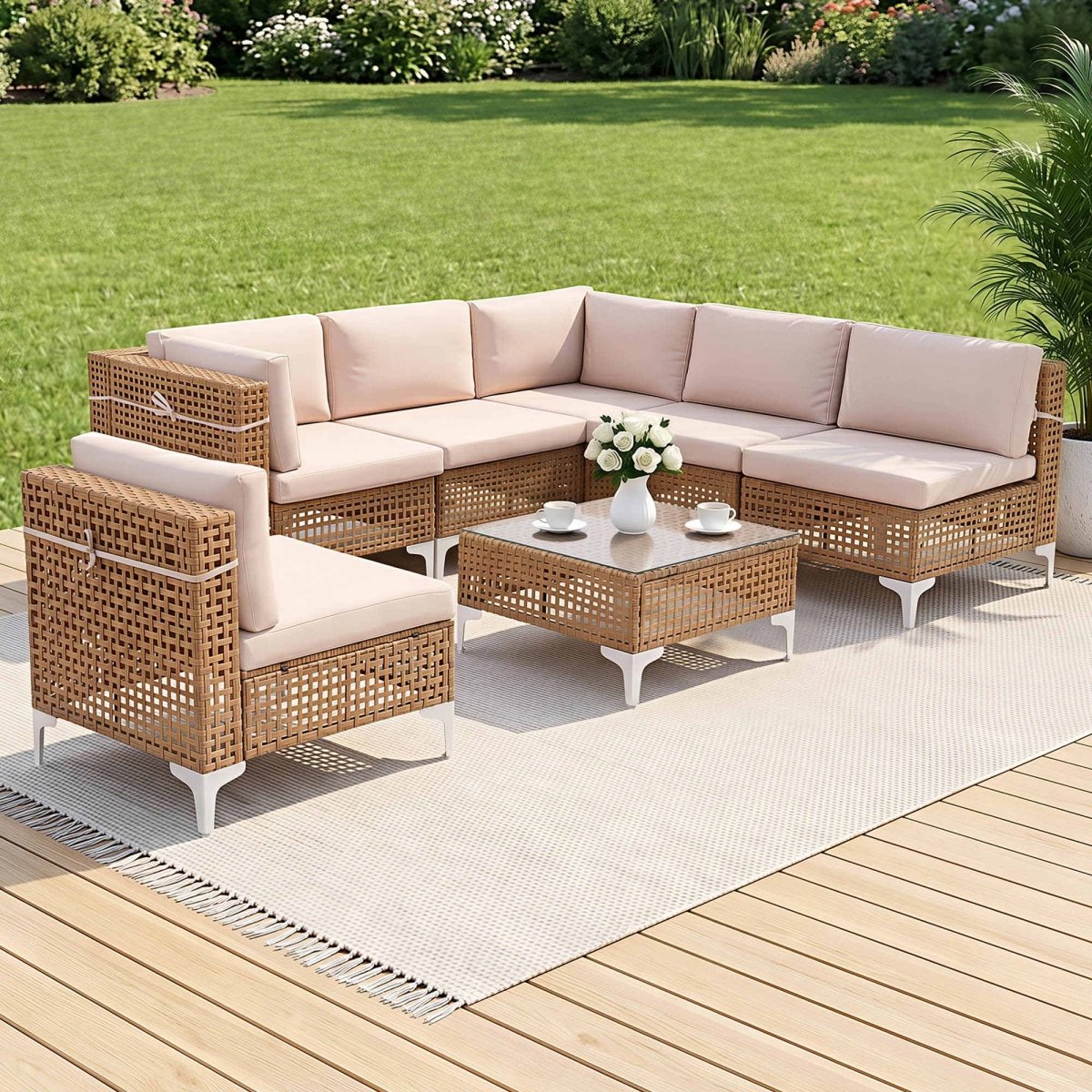 Gardeon 6 Seater Outdoor Sofa Set 7PCS Table Chair Set Garden Rattan Patio Furniture | Furniture > Outdoor > Outdoor Sofas & Lounge Sets