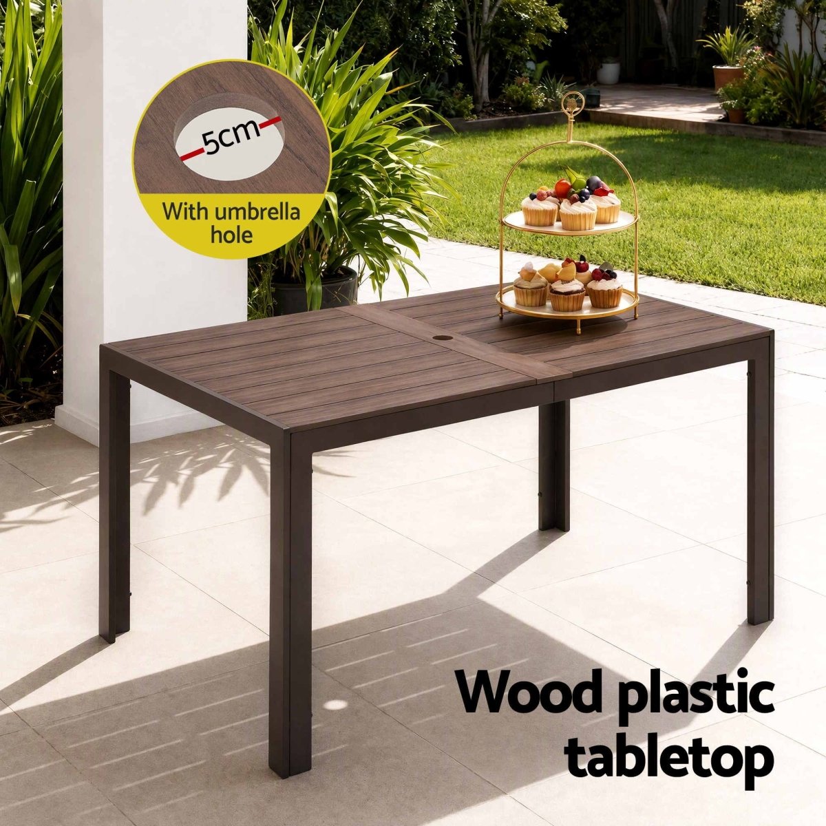 Gardeon outdoor dining table parasol hole detail