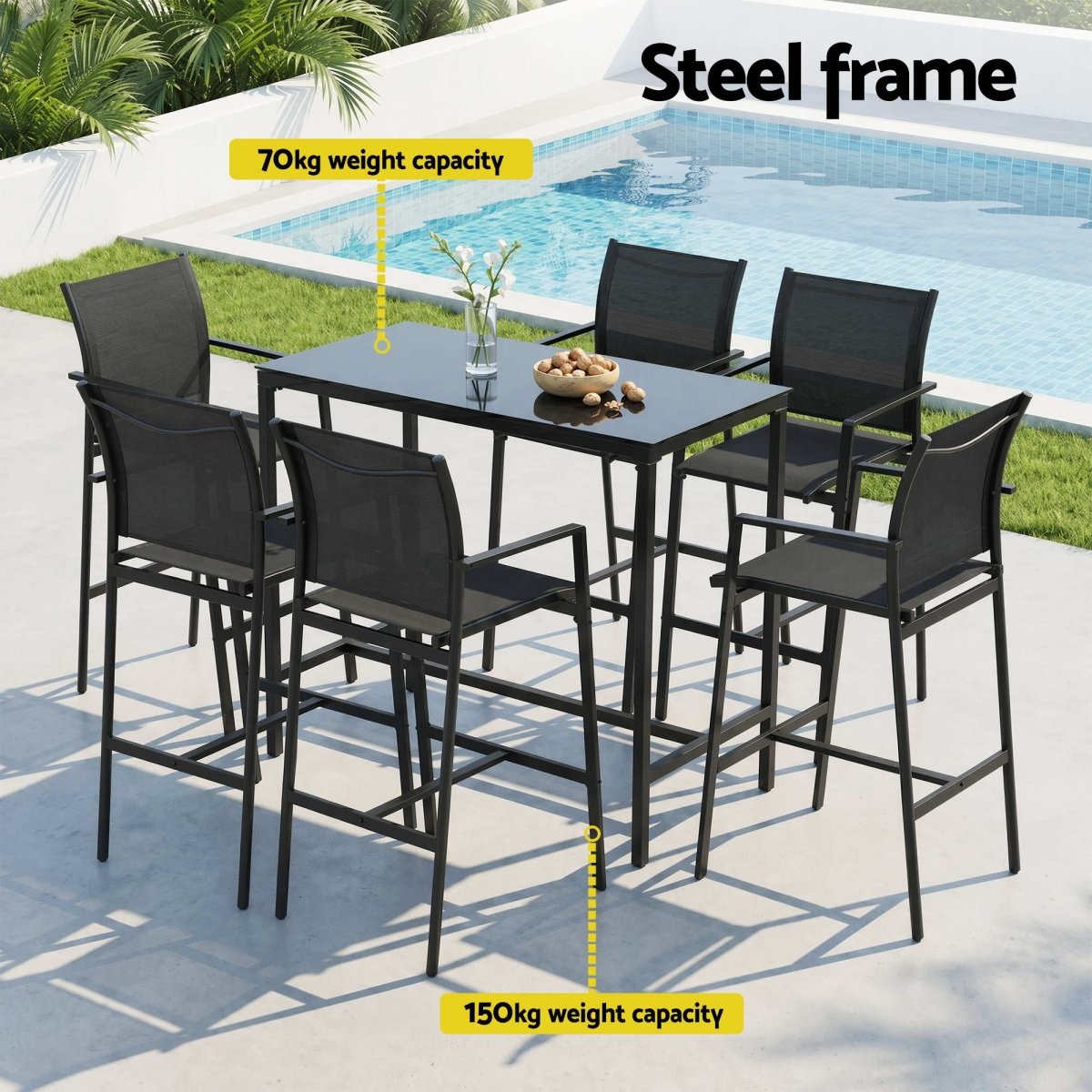 Gardeon 7PCS Outdoor Bar Set Stools Dining Chairs Table Patio Steel Bistro Set Black | Furniture > Bar Stools & Chairs > Table & Bar Stools