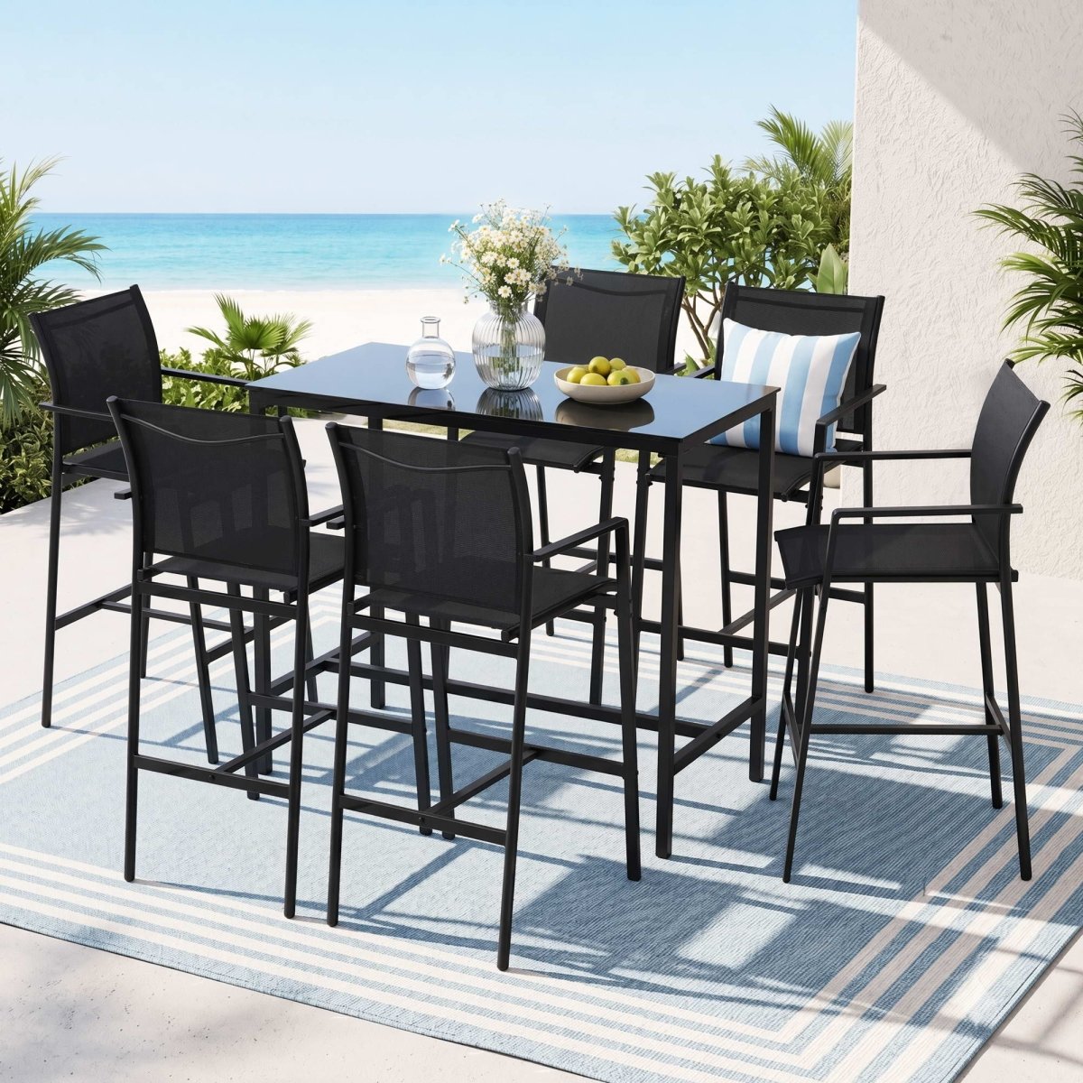 Gardeon 7PCS Outdoor Bar Set Stools Dining Chairs Table Patio Steel Bistro Set Black | Furniture > Bar Stools & Chairs > Table & Bar Stools