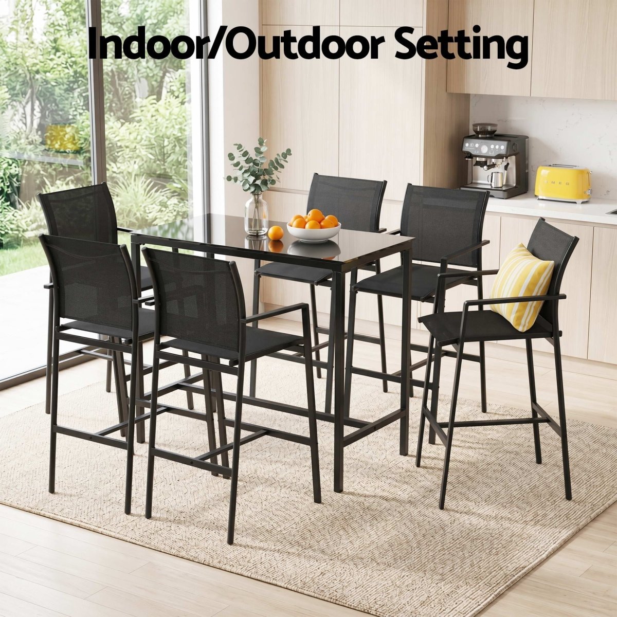 Gardeon 7PCS Outdoor Bar Set Stools Dining Chairs Table Patio Steel Bistro Set Black | Furniture > Bar Stools & Chairs > Table & Bar Stools