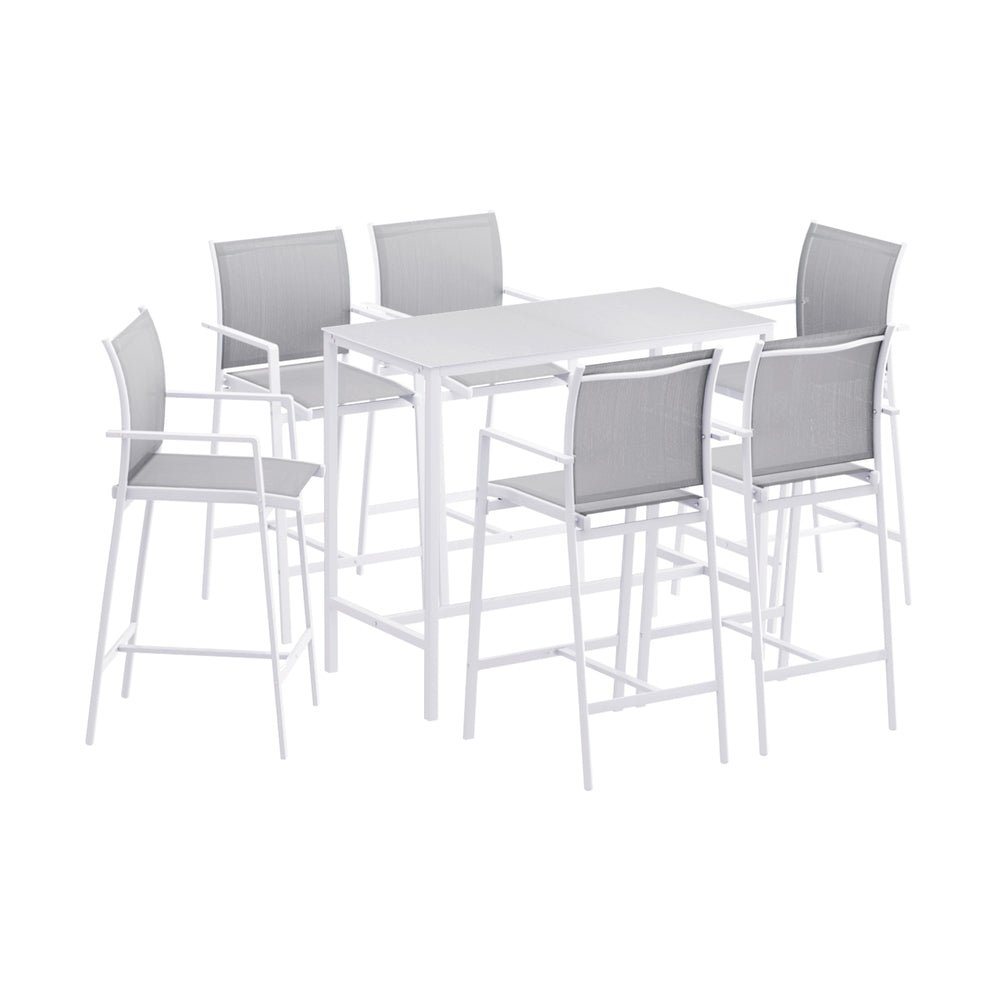 Gardeon 7PCS Outdoor Bar Set Stools Dining Chairs Table Patio Steel Bistro Set White | Outdoorium