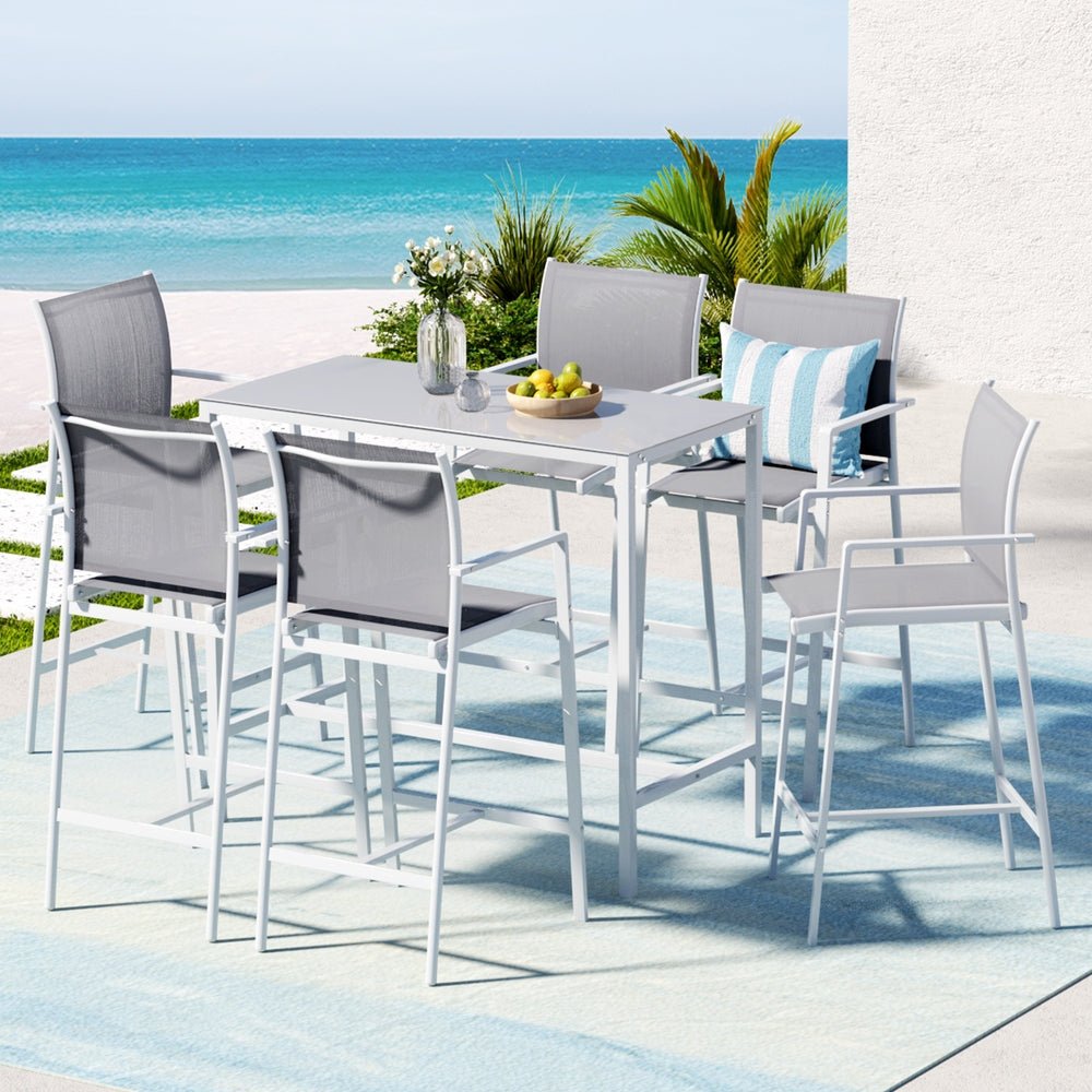 Gardeon 7PCS Outdoor Bar Set Stools Dining Chairs Table Patio Steel Bistro Set White | Outdoorium