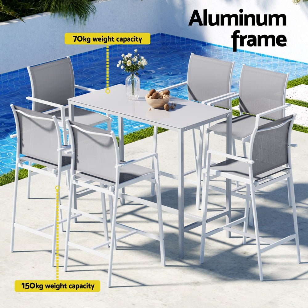 Gardeon 7PCS Outdoor Bar Set Stools Dining Chairs Table Patio Steel Bistro Set White | Outdoorium