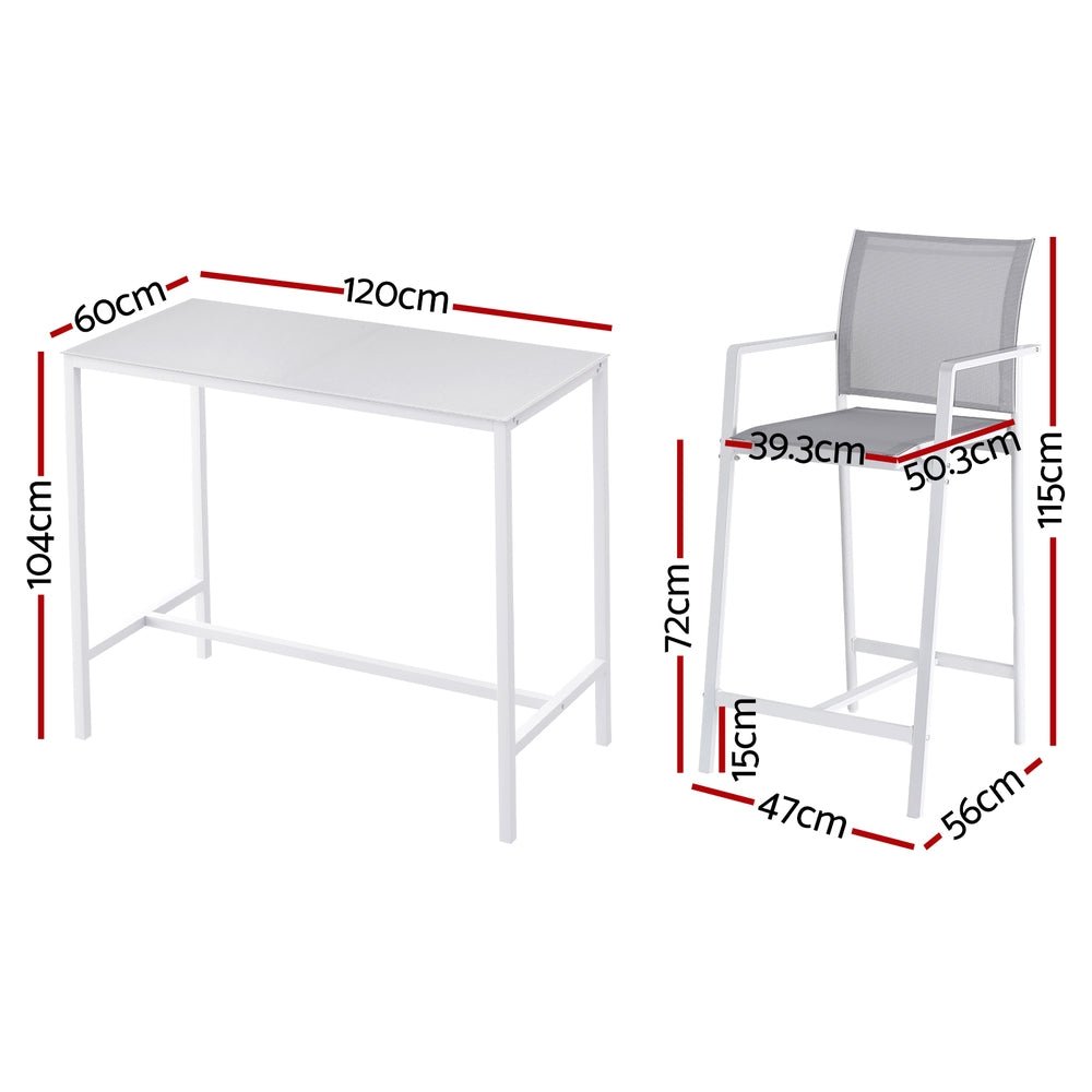 Gardeon 7PCS Outdoor Bar Set Stools Dining Chairs Table Patio Steel Bistro Set White | Outdoorium