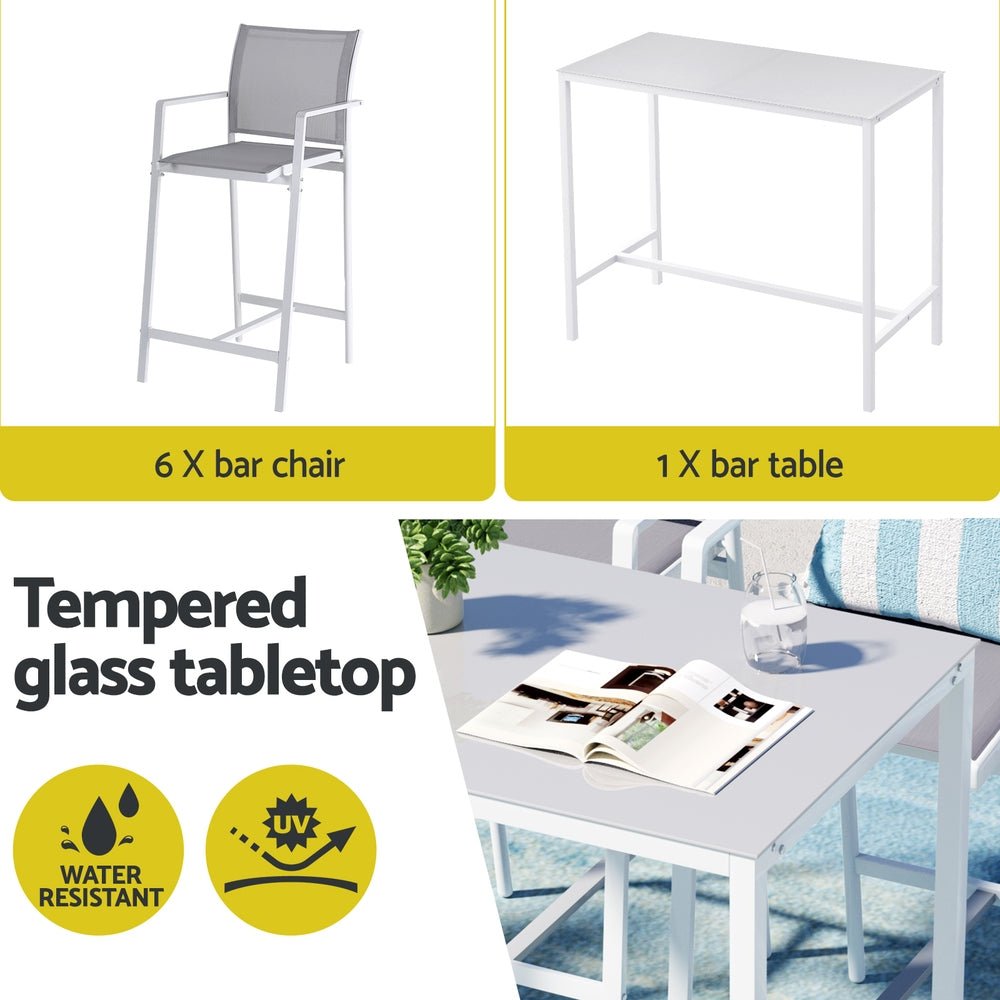 Gardeon 7PCS Outdoor Bar Set Stools Dining Chairs Table Patio Steel Bistro Set White | Outdoorium