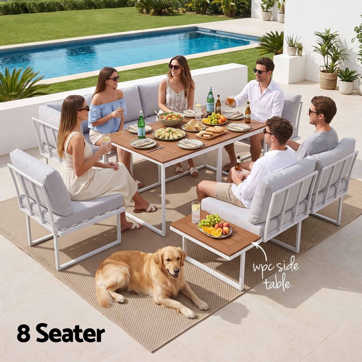 Gardeon 8-Seater Outdoor Dining Sofa Set with WPC Side Tables - White