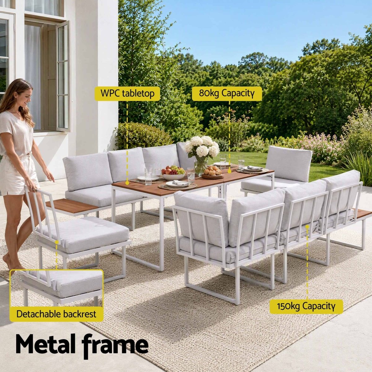 Gardeon 8-Seater Outdoor Dining Sofa Set with WPC Side Tables - White
