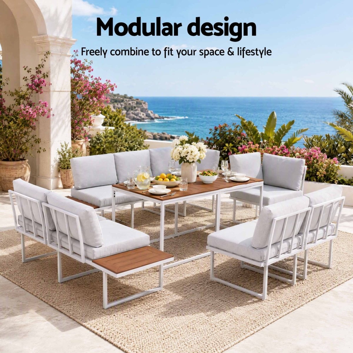Gardeon 8-Seater Outdoor Dining Sofa Set with WPC Side Tables - White